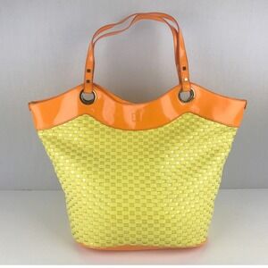 Liz Claiborne Tote Bag Woven Yellow Body Orange Patent Leather Trim